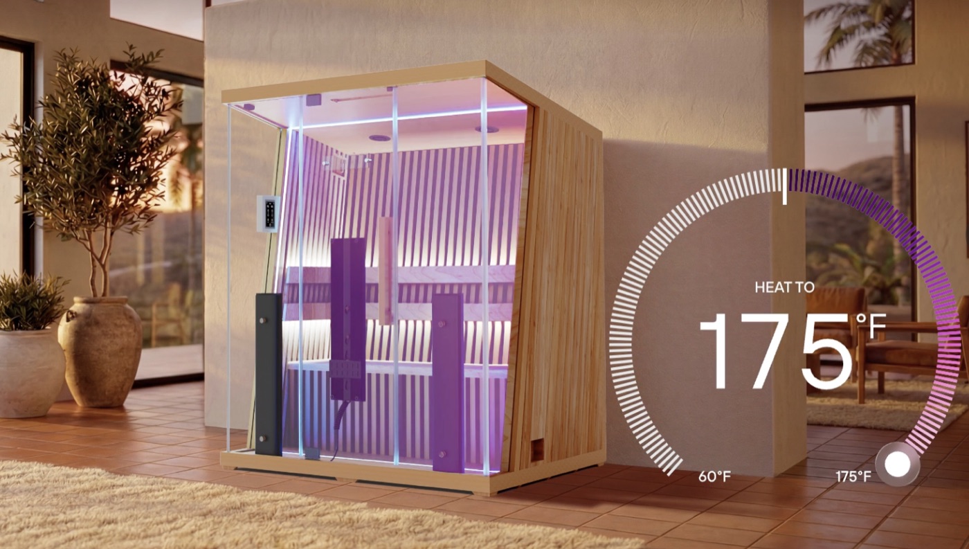 Glass-fronted infrared sauna with purple lighting in a sunlit living room, with a heat dial set to 175 degrees F